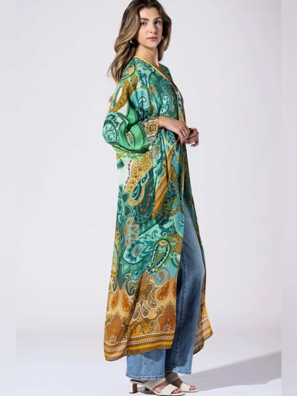 Emerald Heirloom Bohemian Green & Mustard Paisley Duster Kimono - Picture 3 of 4